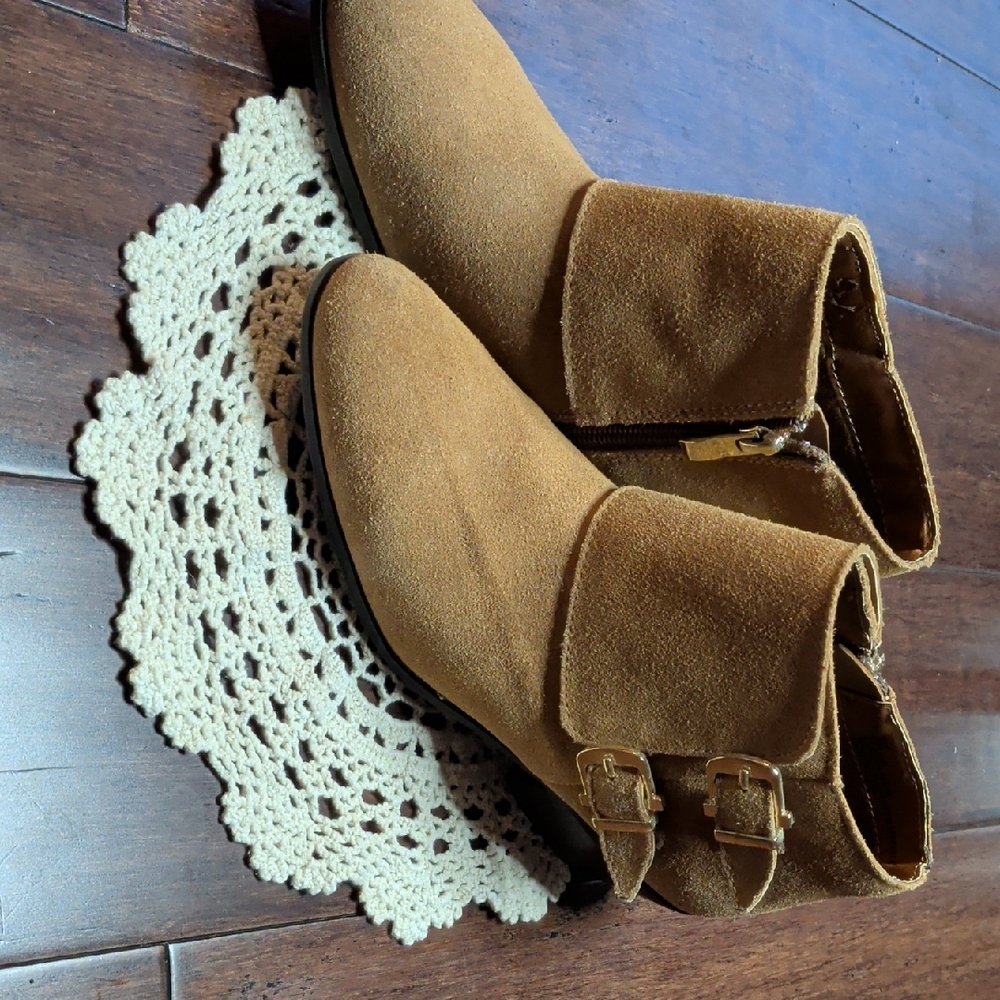 Apri By Italian Shoemakers Suede Buckle Ankle Booties in Tan - Picture 10 of 11